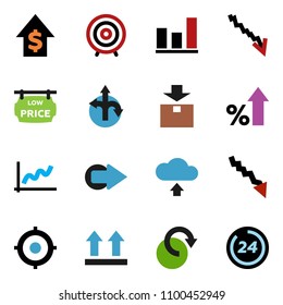 solid vector icon set - graph vector, crisis, percent growth, dollar, target, route, top sign, package, arrow, redo, cloud upload, low price signboard, 24 hour