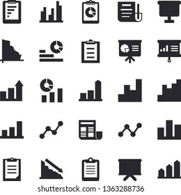 Solid vector icon set - graphic report flat vector, crisis, chart, statistics, scatter, flipchart, clipboard, statistic, document, presentaition board, achievement