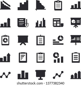 Solid vector icon set - graphic report flat vector, crisis, chart, statistics, scatter, flipchart, clipboard, statistic, document, presentaition board, achievement