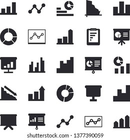 Solid vector icon set - graphic report flat vector, crisis, chart, statistics, scatter, flipchart, statistic, clircle diagram, point, presentaition board, achievement