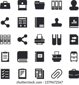 Solid vector icon set - graphic report flat vector, news, book balance accounting, briefcase, clipboard, notebook, clip, computer file, to do list, printer, copy machine, archive, contract, stamp