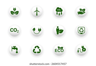 Solid vector icon set with green energy, eco, save electricity, recycle, co2 icons.