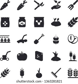 Solid vector icon set - groats flat vector, ear, coffee beans, onion, tomato, jam, seeds, carrot, sprinkling machine, pitchfork, shovel, secateurs, seedlings, rake, planting plants, lawn mower