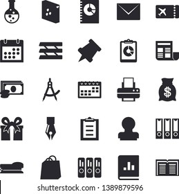 Solid vector icon set - groats flat vector, chemistry, dividers, graphic report, cash, wealth, bags, book balance accounting, present, clipboard, calendar, document, ink pen, folder, printer, stamp