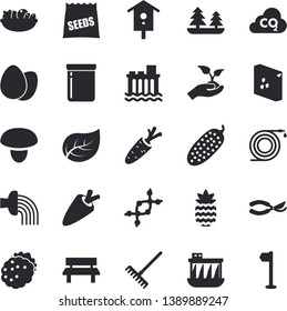 Solid vector icon set - groats flat vector, mushroom, carrot, egg, salad, cucumber, jam, blackberry, pineapple, seeds, nesting box, hose, secateurs, seedlings, rake, irrigation, bench, tree leaf