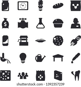 Solid vector icon set - groats flat vector, cheese, bread, spaghetti, cupcake, cutlet, lemonade, seeds, well, watering can, fertilizer vectory, main pipeline, chemistry, lamp, energy saving, rocket