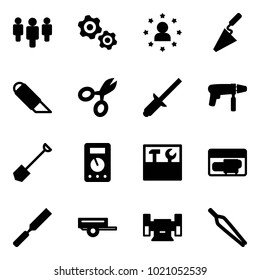 Solid vector icon set - group vector, gears, star man, trowel, work knife, scissors, clinch, drill machine, shovel, multimeter, tool box, generator, rasp, trailer, sharpening, forceps