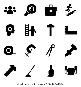 Solid vector icon set - group vector, head hunter, portfolio, career, brain work, opportunity, hammer, corner ruler, measuring tape, clamp, plumber, nail dowel, screw, hoe, brush, sharpening