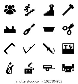 Solid vector icon set - group vector, career, success, sledgehammer, jointer, chisel, basin, scissors, staple, scythe, soldering iron, tool box, winch, welding, trailer, sharpening