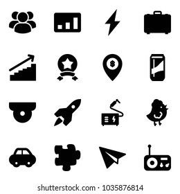 Solid vector icon set - group vector, statistics, lightning, case, growth, star medal, atm map pin, drink, surveillance camera, rocket, welding, chicken toy, car, puzzle, paper plane, radio