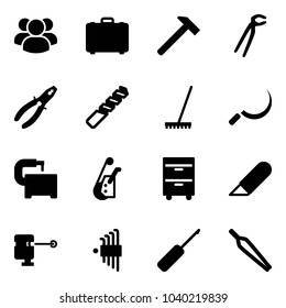 Solid vector icon set - group vector, case, hammer, plumber, pliers, drill, rake, sickle, machine tool, winch, cabinet, work knife, laser lever, allen key set, awl, forceps
