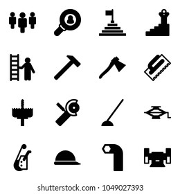 Solid vector icon set - group vector, head hunter, pyramid flag, success, opportunity, hammer, axe, trowel, crown drill, Angular grinder, hoe, jack, winch, construction helmet, allen key, sharpening