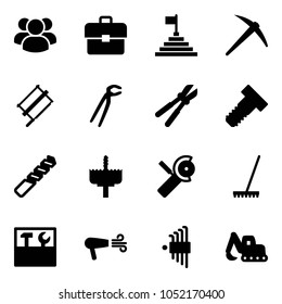 Solid vector icon set - group vector, portfolio, pyramid flag, axe, bucksaw, plumber, bolt cutter, drill, crown, Angular grinder, rake, tool box, dryer, allen key set, excavator toy