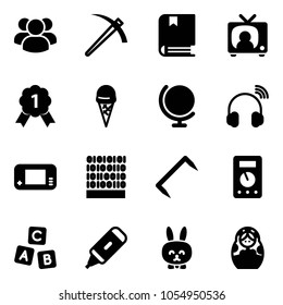 Solid vector icon set - group vector, job, book, tv news, gold medal, ice cream, globe, wireless headphones, game console, binary code, staple, multimeter, abc cube, marker, toy rabbit, russian doll