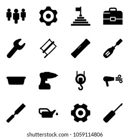 Solid vector icon set - group vector, gear, pyramid flag, case, wrench, bucksaw, level, chisel, basin, drill, winch, dryer, rasp, oiler, awl