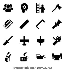 Solid vector icon set - group vector, brain work, opportunity, axe, trowel, level, staple, dowel, clinch, milling cutter, crown drill, Angular grinder, winch, welding, oiler, sharpening