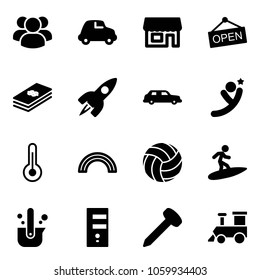 Solid vector icon set - group vector, car, store, open, dollar, rocket, limousine, flying man, thermometer, rainbow, volleyball, surfing, casting of steel, server, nail, toy train