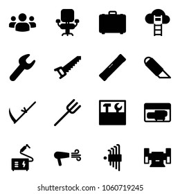 Solid vector icon set - group vector, office chair, case, cloud ladder, wrench, saw, level, work knife, scythe, farm fork, tool box, generator, welding, dryer, allen key set, sharpening