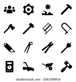 Solid vector icon set - group vector, gear, reading, hammer, axe, sledgehammer, bucksaw, fretsaw, work knife, plumber, bolt cutter, wood drill, multimeter, lawn mower, wheelbarrow, toy
