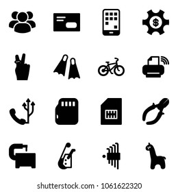 Solid vector icon set - group vector, envelope, mobile, money managemet, victory, flippers, bike, printer wireless, phone, micro flash card, sim, side cutters, machine tool, winch, allen key set