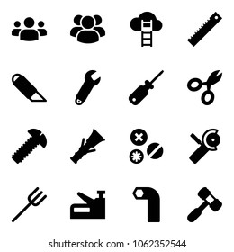 Solid vector icon set - group vector, cloud ladder, ruler, work knife, wrench, screwdriver, scissors, screw, dowel, rivet, Angular grinder, farm fork, stapler, allen key, toy hammer