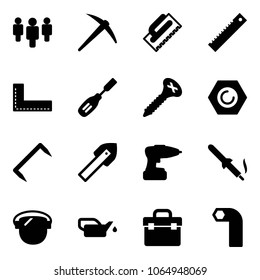 Solid vector icon set - group vector, axe, trowel, ruler, corner, chisel, screw, nut, staple, tile drill, soldering iron, protect glass, oiler, tool box, allen key