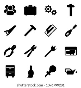 Solid vector icon set - group vector, case, gear, hammer, saw, trowel, chisel, side cutters, bolt cutter, wood drill, generator, tool cabinet, brush, oiler