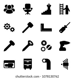 Solid vector icon set - group vector, office chair, success, opportunity, gear, rubber hammer, corner ruler, screwdriver, nail, screw, rivet, drill, generator, tool cabinet, allen key, set