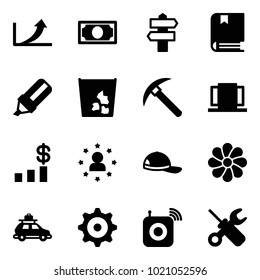Solid vector icon set - growth arrow vector, money, signpost, book, highlight marker, garbage, rock axe, doors, dollar chart, star man, cap, flower, car baggage, gear, wireless speaker