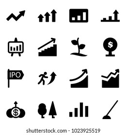 Solid vector icon set - growth arrow vector, arrows up, statistics, presentation chart, sproute, money tree, ipo, career, rise, dollar, forest, hoe
