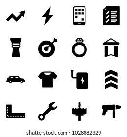 Solid vector icon set - growth arrow vector, lightning, mobile, list, award, target, diamond ring, pennant, limousine, t shirt, power bank, chevron, corner ruler, wrench, crown drill, machine