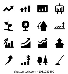 Solid vector icon set - growth arrow vector, arrows up, statistics, presentation chart, sproute, money tree, career, rise, dollar, forest, hoe