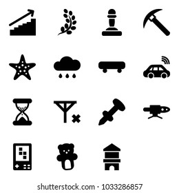Solid vector icon set - growth vector, golden branch, pawn, rock axe, starfish, rain cloud, skateboard, car wireless, sand clock, no signal, nail dowel, pipe welding, game console, bear toy