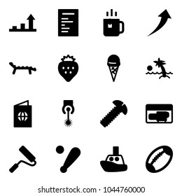 Solid vector icon set - growth arrow vector, document, green tea, lounger, strawberry, ice cream, palm, passport, laser, screw, generator, paint roller, baseball bat, toy boat, football
