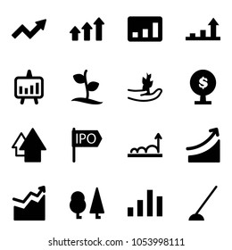 Solid vector icon set - growth arrow vector, arrows up, statistics, presentation chart, sproute, hand, money tree, ipo, rise, forest, hoe