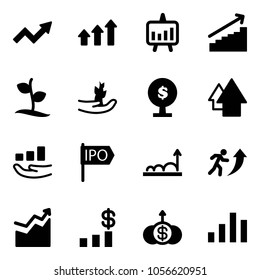 Solid vector icon set - growth arrow vector, arrows up, presentation chart, sprout, hand, money tree, ipo, career, dollar