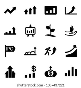 Solid vector icon set - growth arrow vector, arrows up, statistics, presentation chart, sproute, hand, ipo, career, rise, dollar