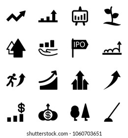 Solid vector icon set - growth arrow vector, presentation chart, sproute, up, ipo, career, rise, arrows, dollar, forest, hoe