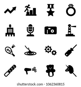 Solid vector icon set - growth arrow vector, career, star medal, diamond ring, bank building, microphone, photo, lighthouse, badminton, fishing, gear, screwdriver, drill, dryer, bear toy