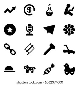 Solid vector icon set - growth arrow vector, dollar reload, round flask, star medal, microphone, paper fly, flower, link, bucksaw, nail, lawn mower, construction helmet, toy horse, dart, duck