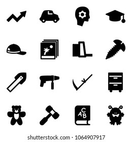 Solid vector icon set - growth arrow vector, car, brain work, graduate hat, cap, photo, water power plant, screw, tile drill, machine, scythe, tool cabinet, bear toy, hammer, abc book, monster