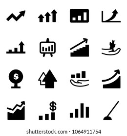 Solid vector icon set - growth arrow vector, arrows up, statistics, presentation chart, hand sproute, money tree, rise, dollar, hoe