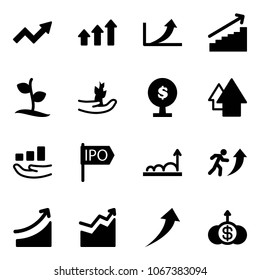 Solid vector icon set - growth arrow vector, arrows up, sproute, hand, money tree, ipo, career, rise, dollar