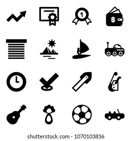 Solid vector icon set - growth arrow vector, certificate, gold medal, finance management, jalousie, pyramid, windsurfing, moon rover, clock, check, tile drill, winch, guitar, beanbag, soccer ball