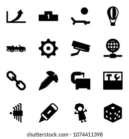 Solid vector icon set - growth arrow vector, pedestal, lounger, air balloon, cabrio, gear, surveillance camera, globe, link, screw, machine tool, box, allen key set, marker, doll, bones