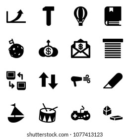 Solid vector icon set - growth arrow vector, work, air balloon, book, moon flag, dollar, mail, jalousie, data exchange, up down arrows, dryer, knife, sailboat toy, drum, gamepad, constructor blocks