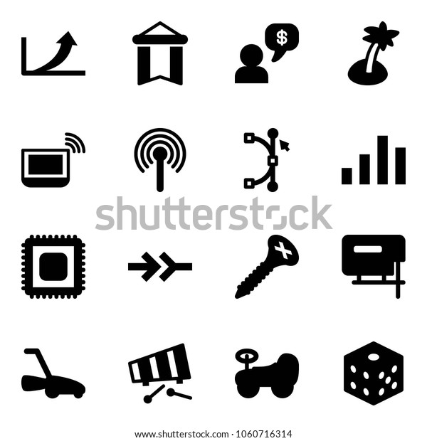 Solid vector\
icon set - growth arrow vector, pennant, money dialog, palm,\
notebook wi fi, antenna, bezier, chart, cpu, connect, screw, jig\
saw, lawn mower, xylophone, baby car,\
bones