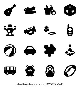 Solid vector icon set - guitar vector, crocodile, shovel bucket, cube toy, robot, horn, constructor blocks, phone, beach ball, car, puzzle, wirligig, bus, monster, russian doll, football