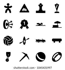 Solid vector icon set - gymnastics vector, road for moto sign, winner, pennant, solution, gold medal, swimming, inflatable pool, volleyball, kayak, cabrio, skateboard, piston, axe, ball, football