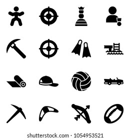Solid vector icon set - gymnastics vector, target, chess queen, winner, rock axe, flippers, pool, mat, cap, volleyball, cabrio, boomerang, bow, football
